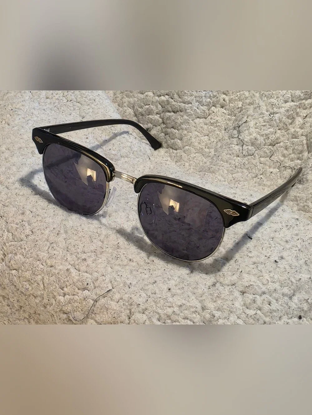 H&M Clubmaster Sunglasses Mens Black Silver Half Rim Browline Retro Dark Tint